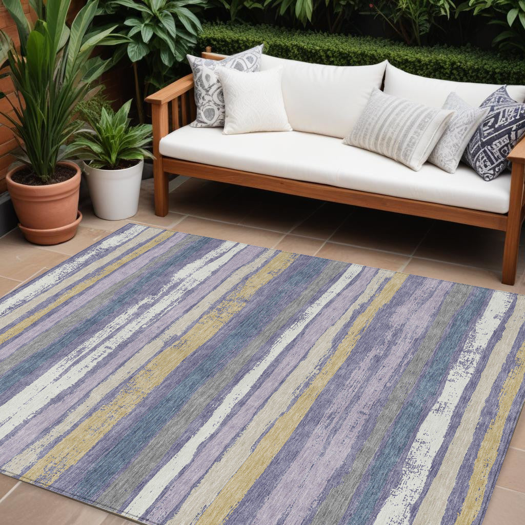 8' X 10' Purple Ivory And Beige Striped Washable Indoor Outdoor Area Rug