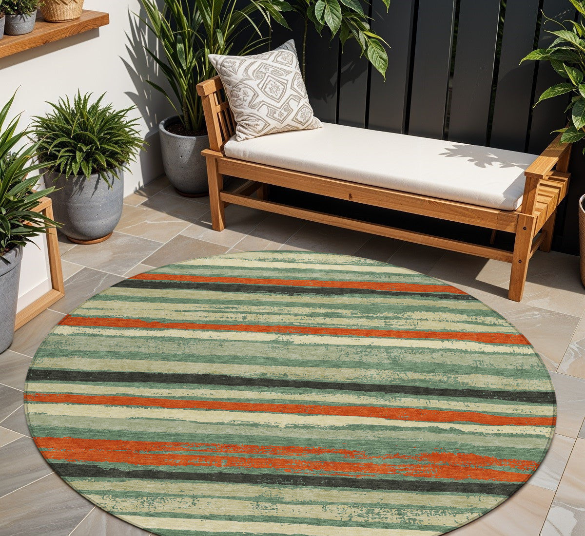 8' Sage Black And Red Round Striped Washable Indoor Outdoor Area Rug