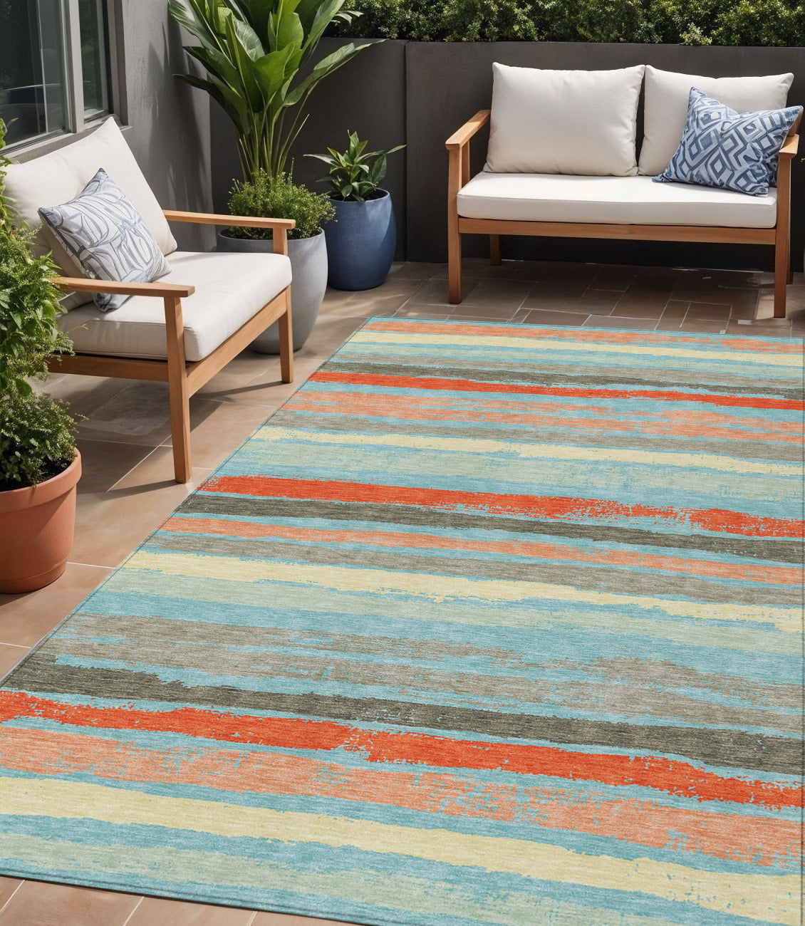 5' X 8' Sky Blue Pink And Gray Striped Washable Indoor Outdoor Area Rug