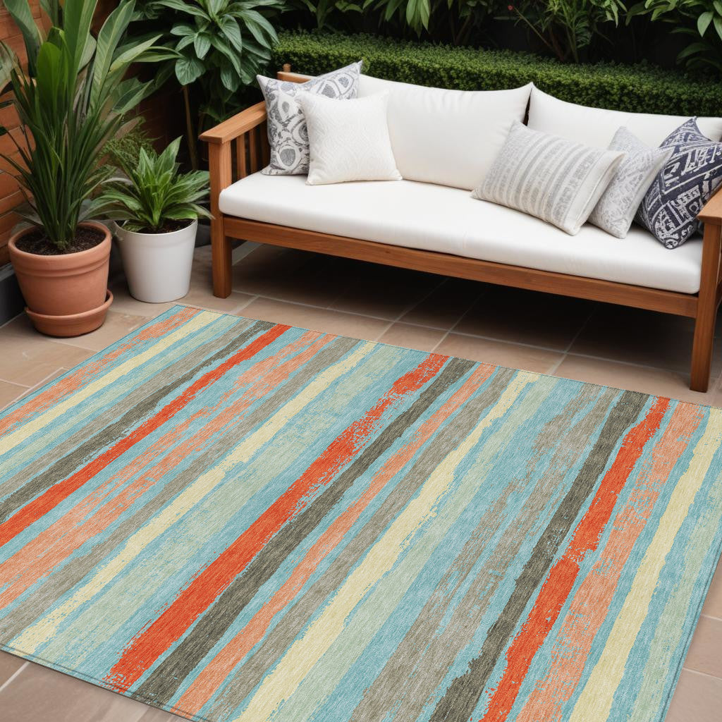 10' X 14' Sky Blue Pink And Gray Striped Washable Indoor Outdoor Area Rug