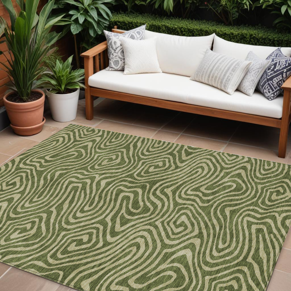 10' X 14' Olive Green And Light Green Abstract Washable Indoor Outdoor Area Rug