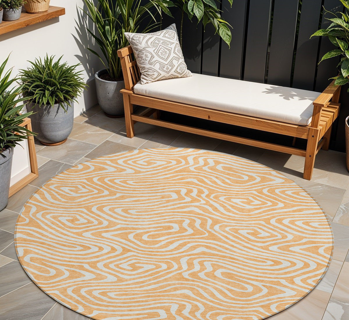 8' Peach And Ivory Round Abstract Washable Indoor Outdoor Area Rug