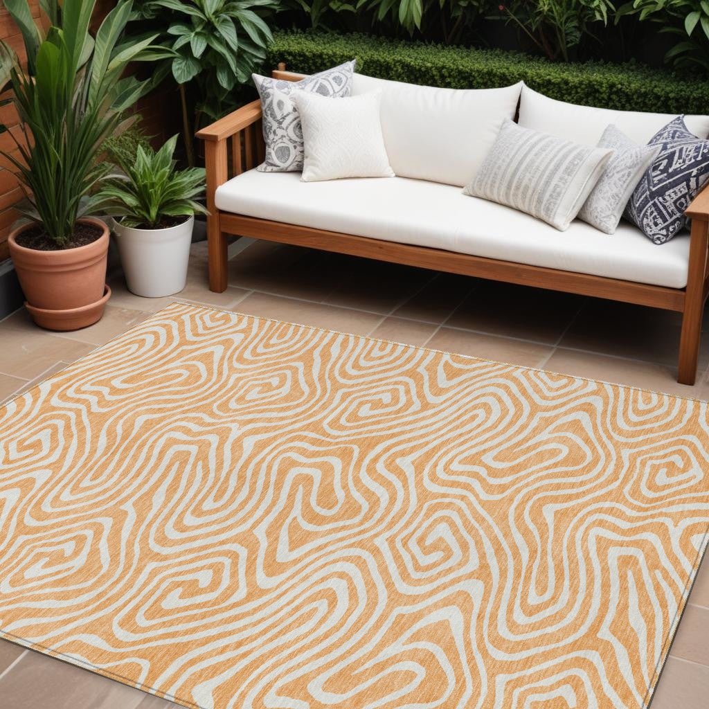 9' X 12' Peach And Ivory Abstract Washable Indoor Outdoor Area Rug