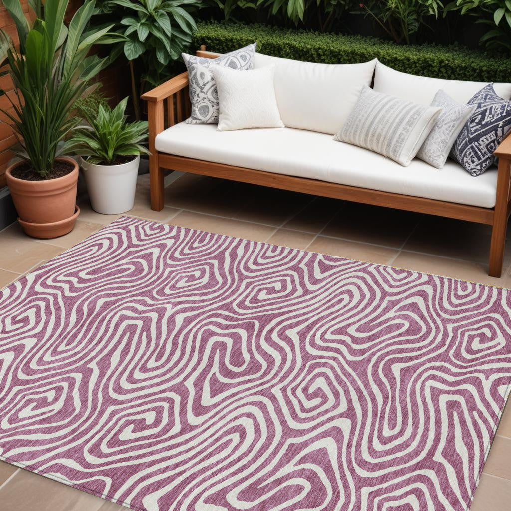 9' X 12' Plum And Ivory Abstract Washable Indoor Outdoor Area Rug