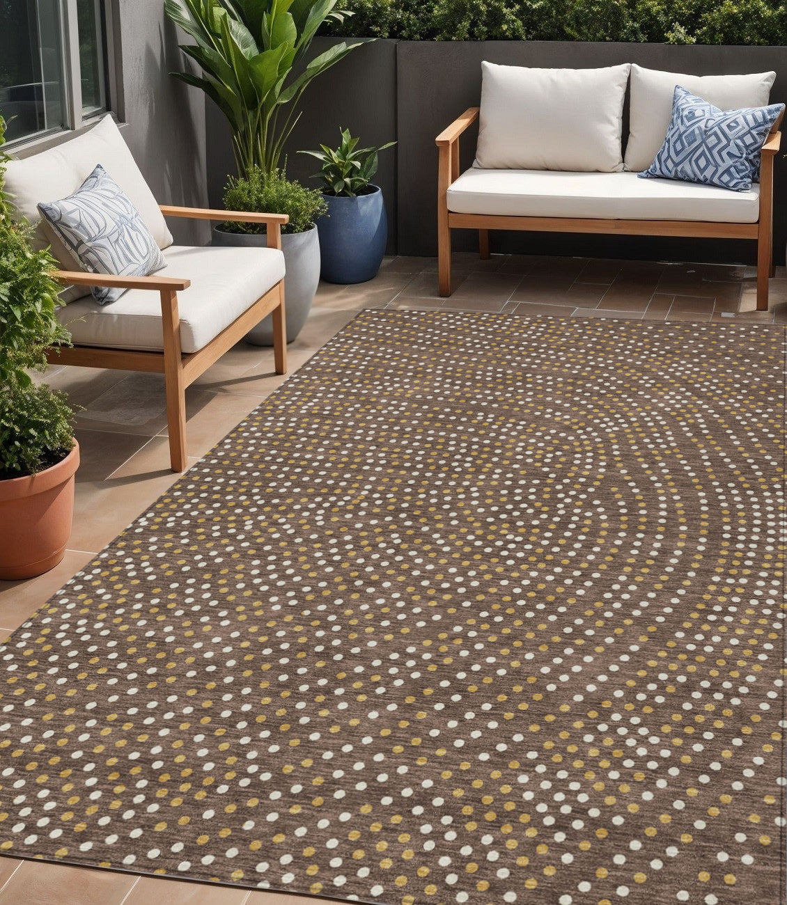 5' X 8' Brown Gold And Ivory Polka Dot Washable Indoor Outdoor Area Rug