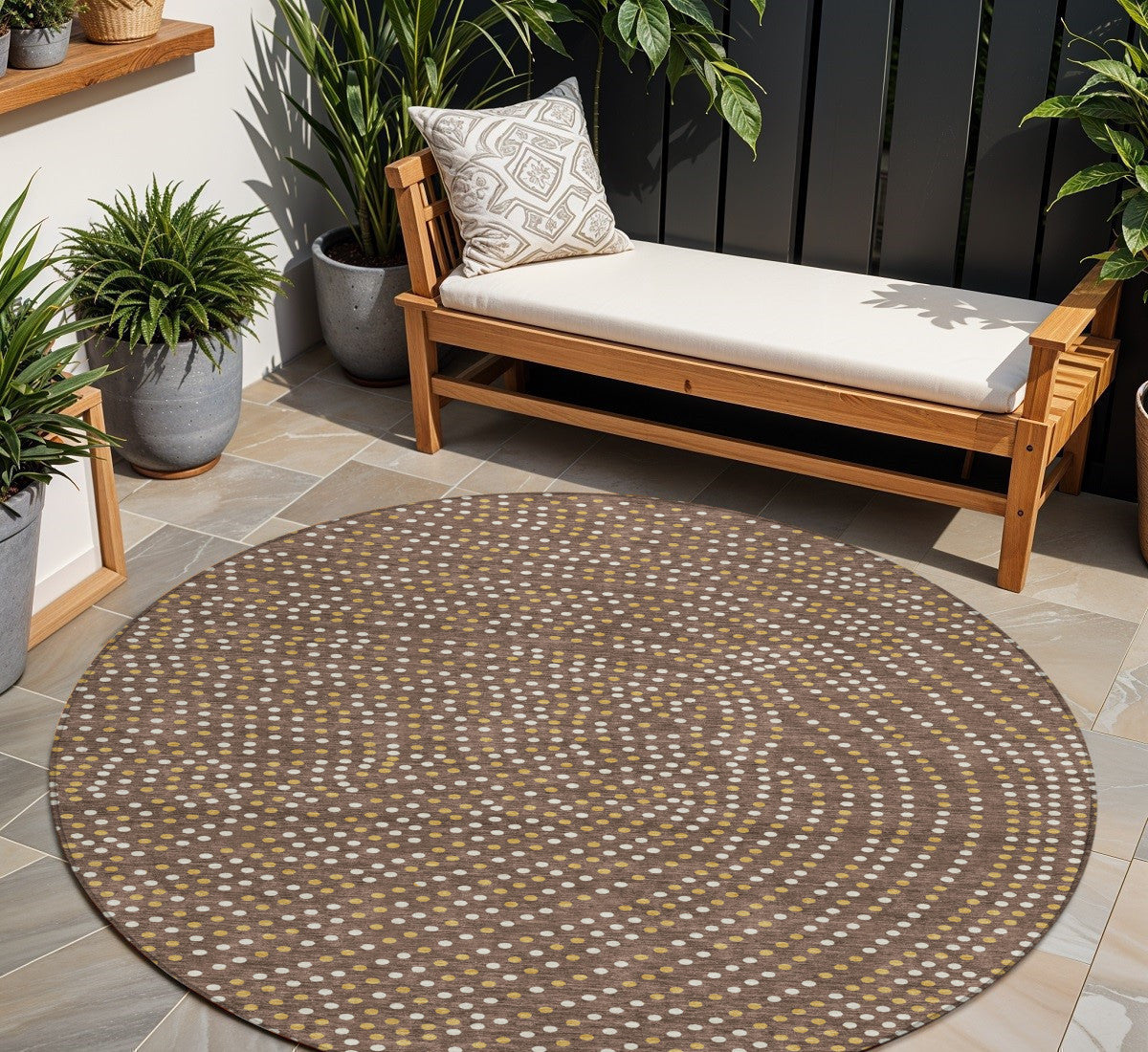 8' Brown Gold And Ivory Round Polka Dot Washable Indoor Outdoor Area Rug