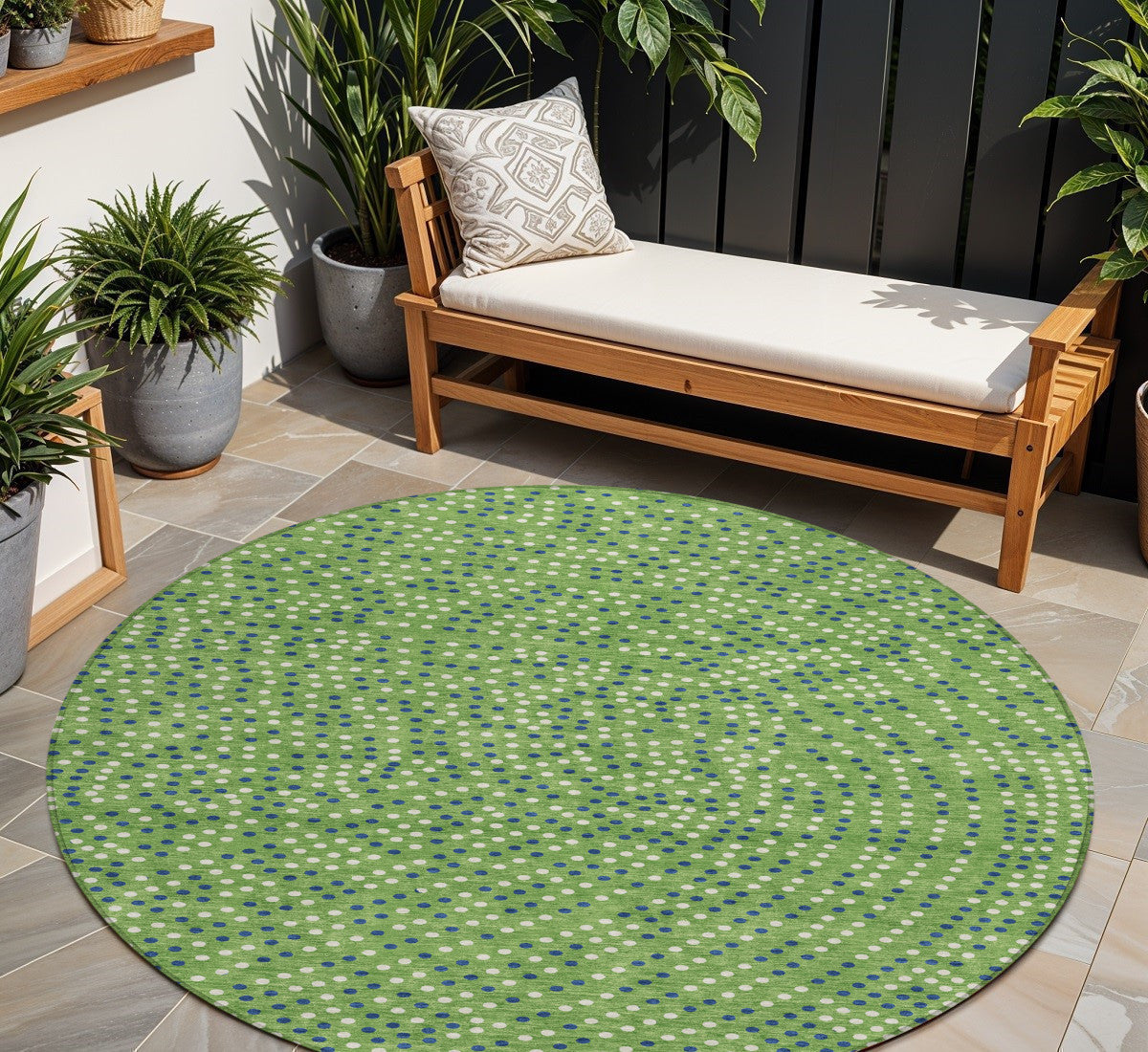 8' Green Blue And Ivory Round Polka Dot Washable Indoor Outdoor Area Rug
