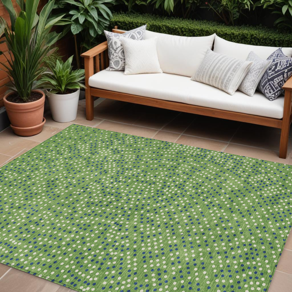 9' X 12' Green Blue And Ivory Polka Dot Washable Indoor Outdoor Area Rug