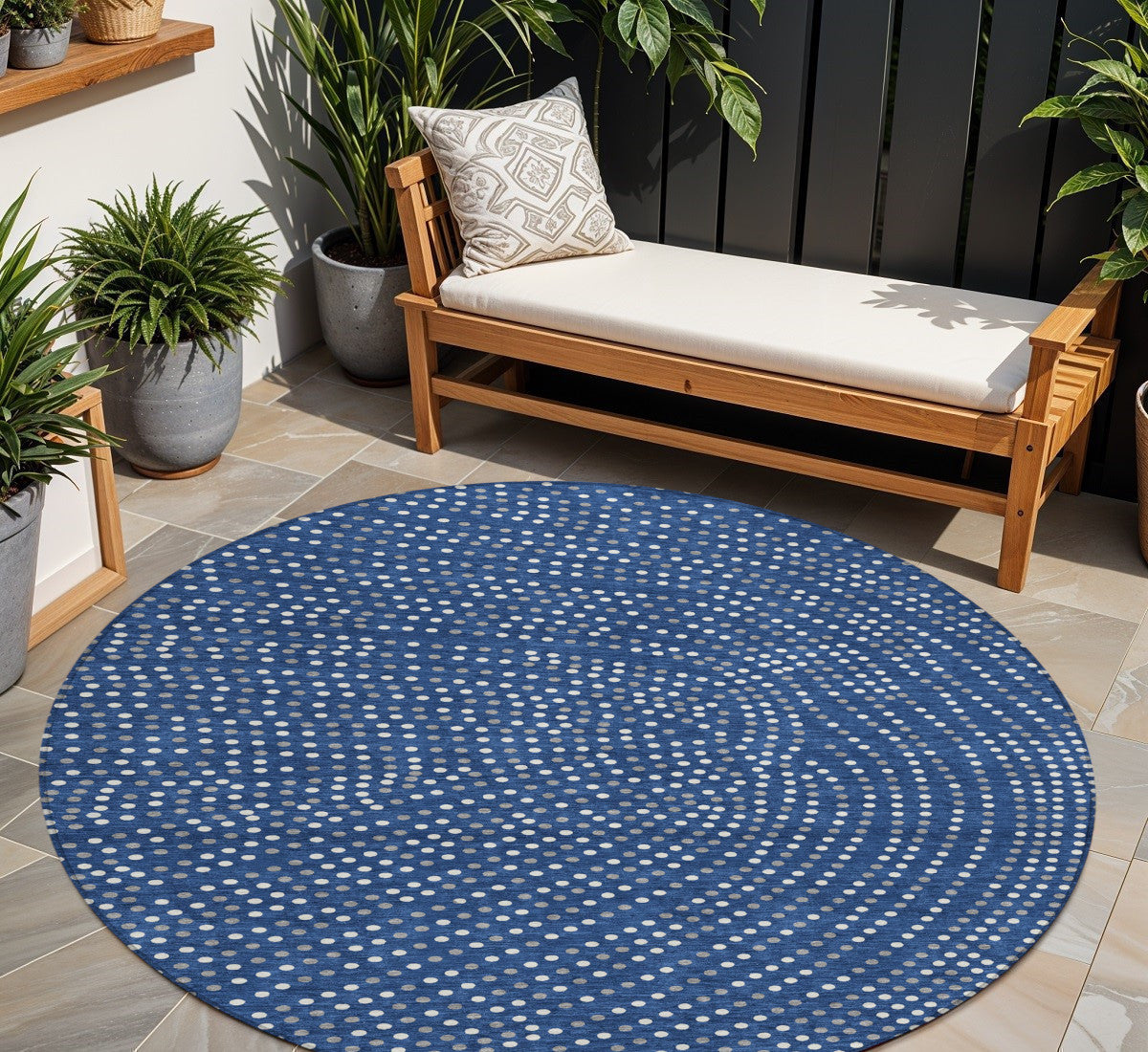 8' Navy Blue Gray And Ivory Round Polka Dot Washable Indoor Outdoor Area Rug