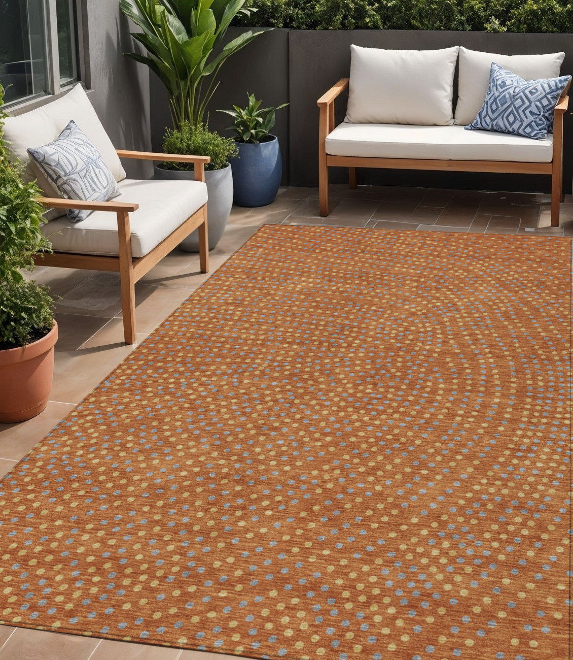 5' X 8' Brown Gray And Gold Polka Dot Washable Indoor Outdoor Area Rug