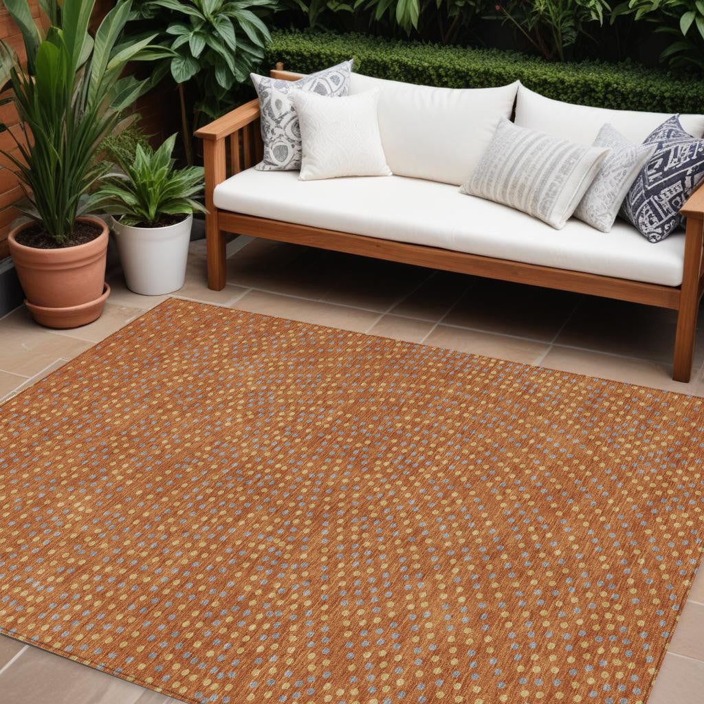 9' X 12' Brown Gray And Gold Polka Dot Washable Indoor Outdoor Area Rug