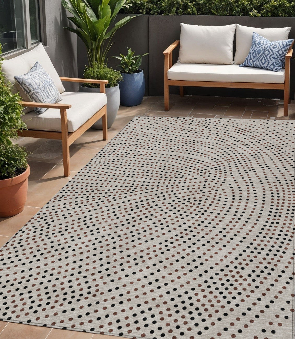 5' X 8' Taupe Black And Brown Polka Dot Washable Indoor Outdoor Area Rug