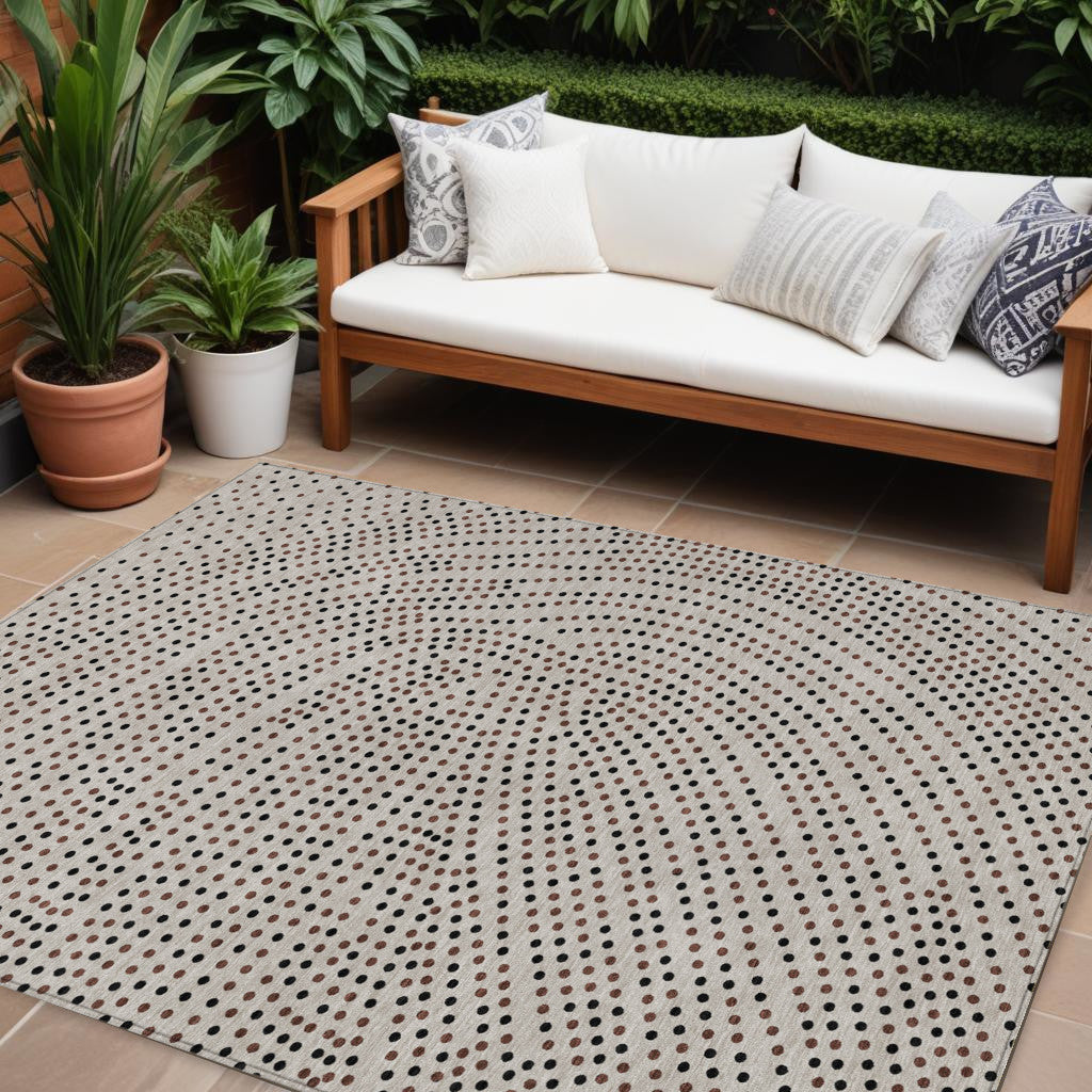 9' X 12' Taupe Black And Brown Polka Dot Washable Indoor Outdoor Area Rug