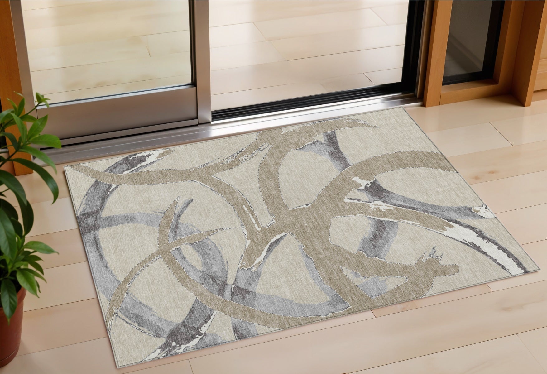 3' X 5' Beige Ivory And Gray Abstract Washable Indoor Outdoor Area Rug