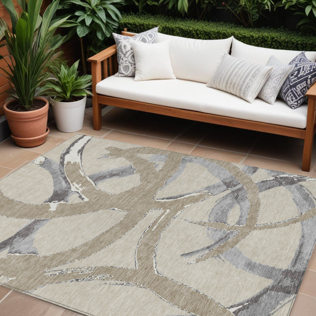 10' X 14' Beige Ivory And Gray Abstract Washable Indoor Outdoor Area Rug