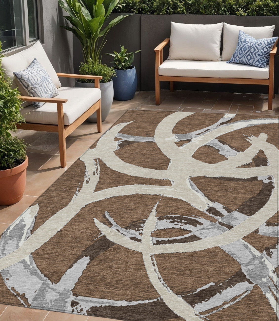 5' X 8' Brown Beige And Gray Abstract Washable Indoor Outdoor Area Rug