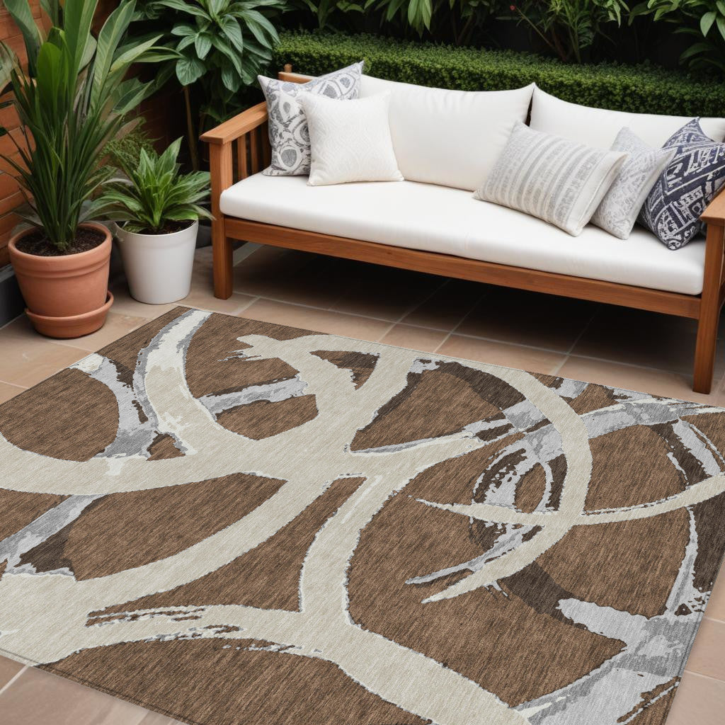 8' X 10' Brown Beige And Gray Abstract Washable Indoor Outdoor Area Rug