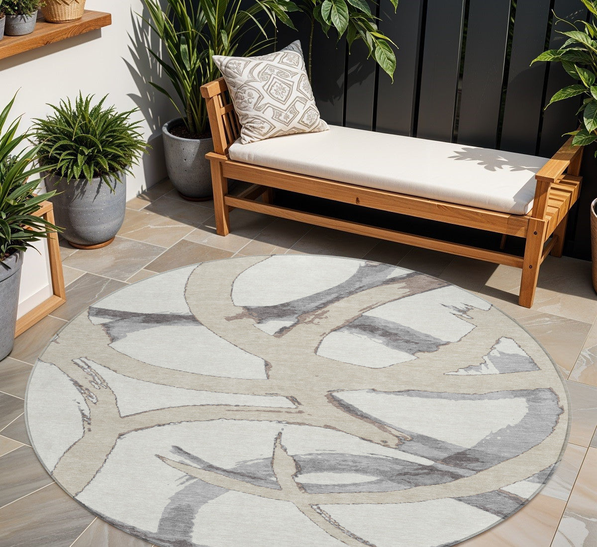 8' Ivory Gray And Beige Round Abstract Washable Indoor Outdoor Area Rug