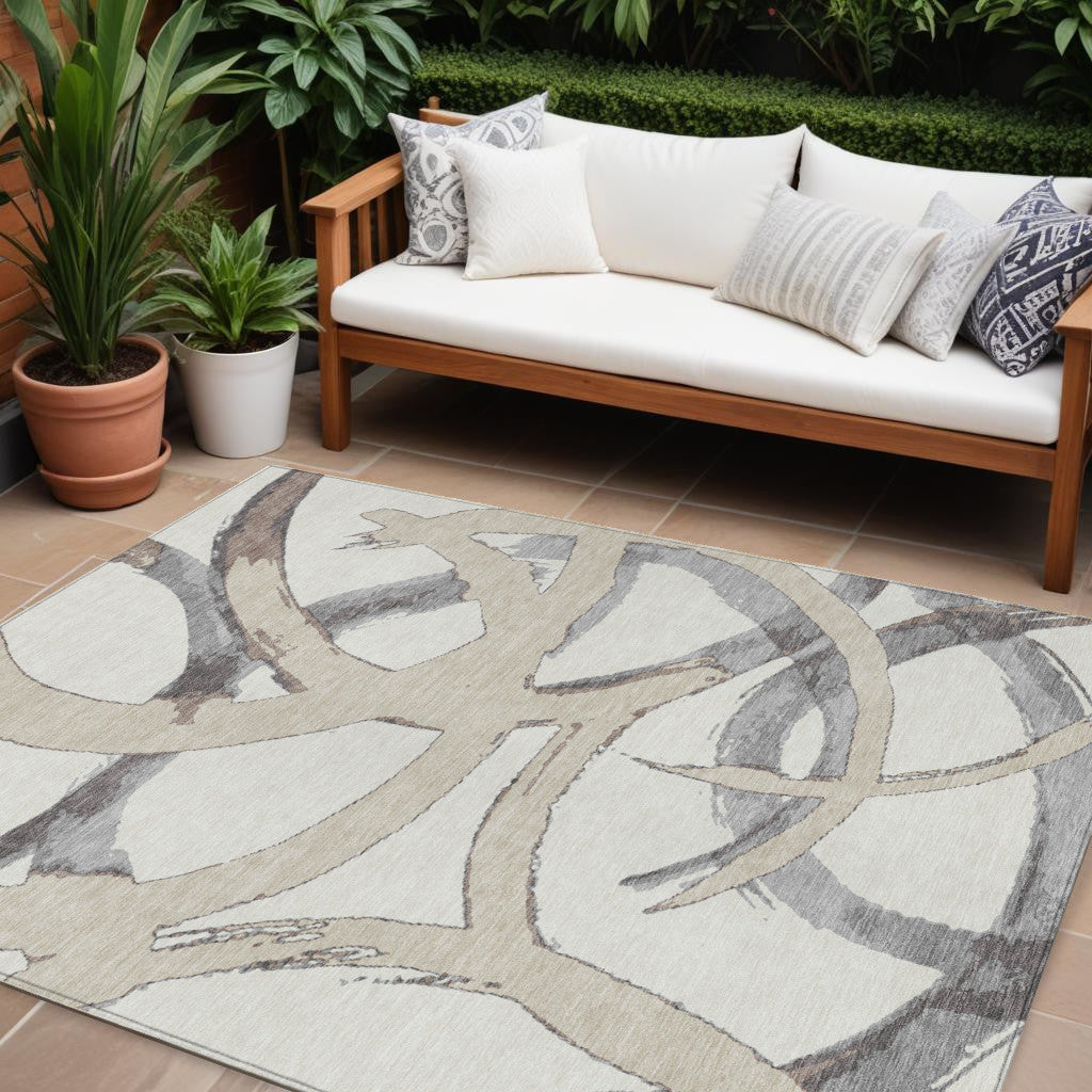 9' X 12' Ivory Gray And Beige Abstract Washable Indoor Outdoor Area Rug