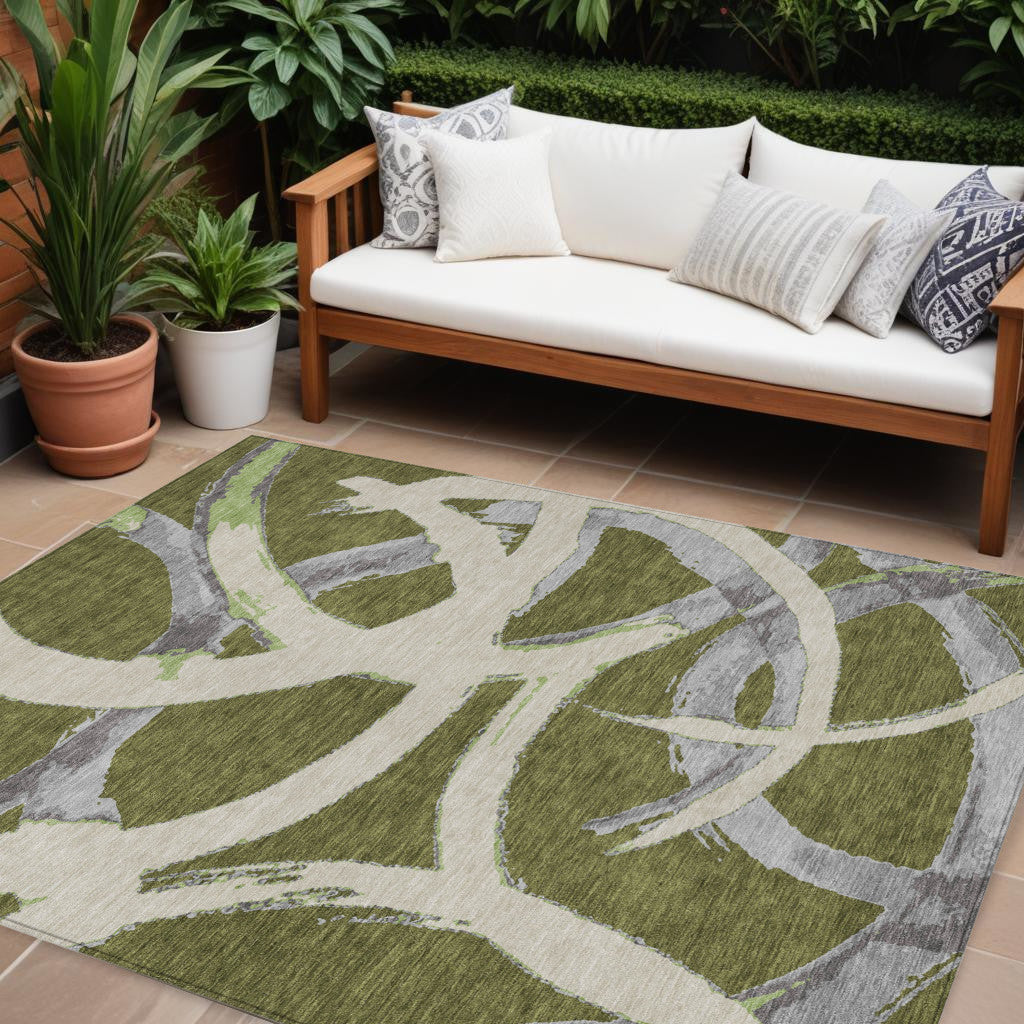 9' X 12' Olive Green Beige And Gray Abstract Washable Indoor Outdoor Area Rug