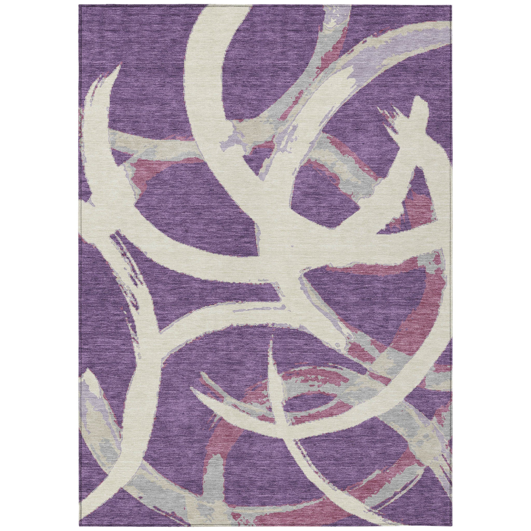 3' X 5' Purple Ivory And Gray Abstract Washable Indoor Outdoor Area Rug