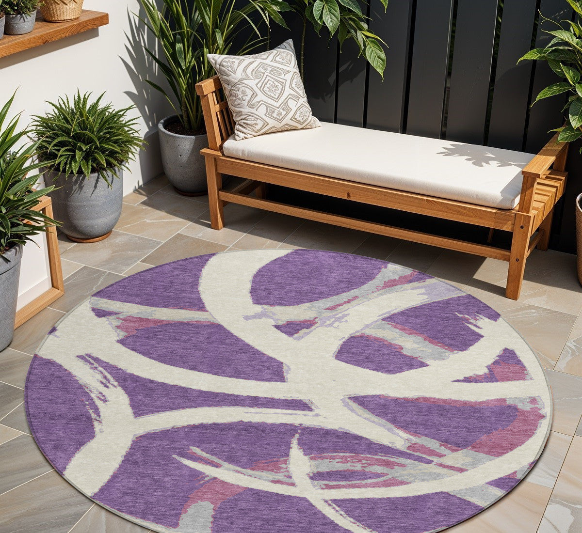 8' Purple Ivory And Gray Round Abstract Washable Indoor Outdoor Area Rug