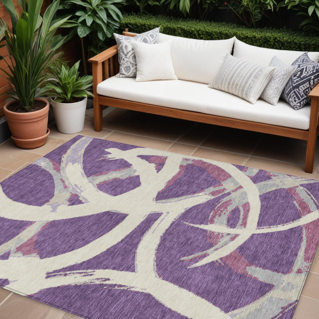9' X 12' Purple Ivory And Gray Abstract Washable Indoor Outdoor Area Rug