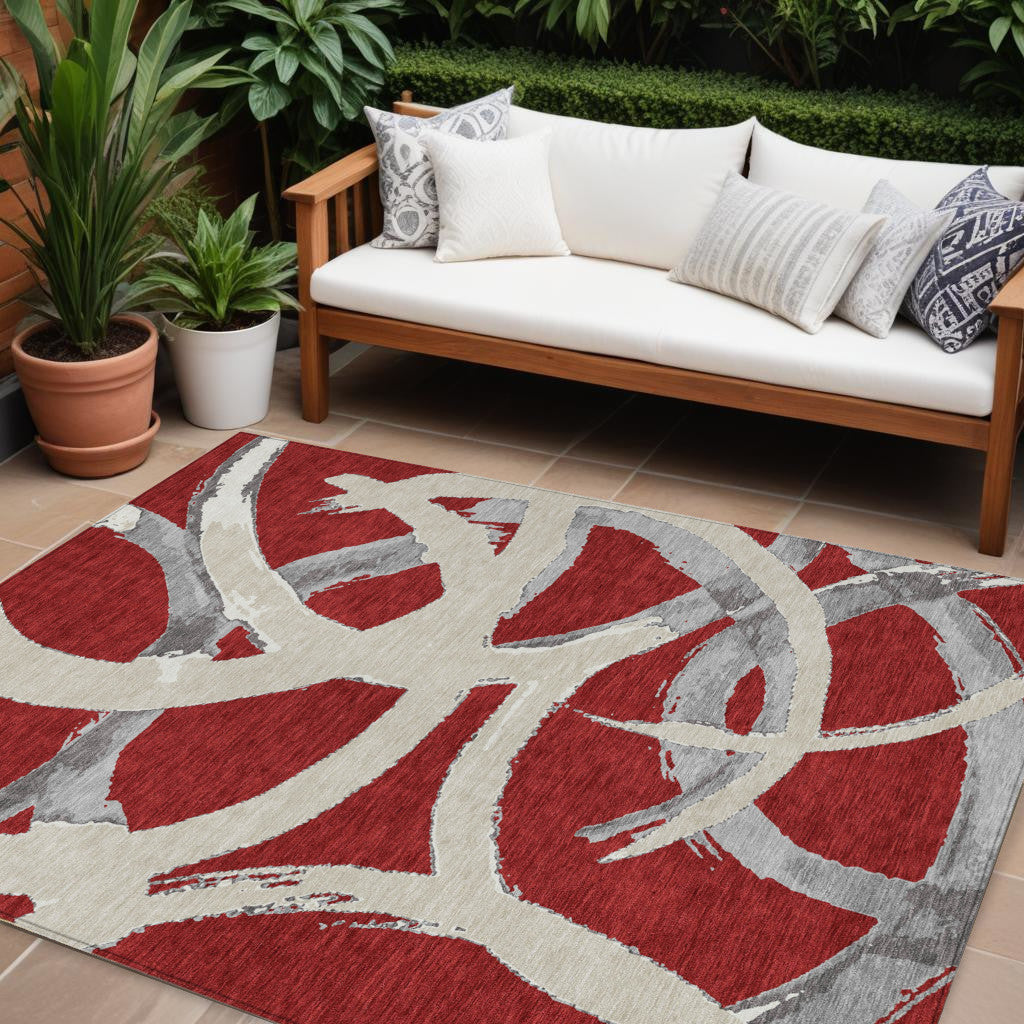 9' X 12' Red Beige And Gray Abstract Washable Indoor Outdoor Area Rug