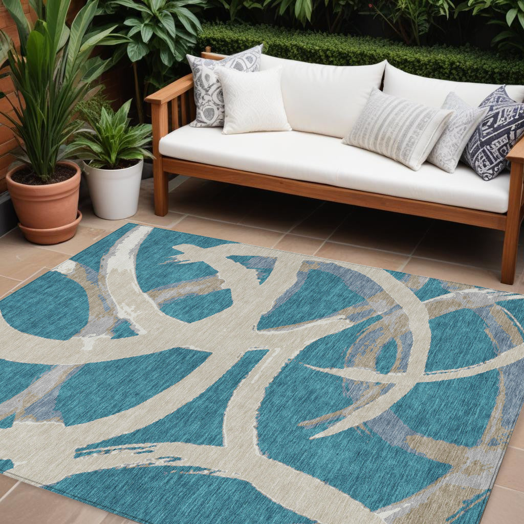 9' X 12' Teal Blue Beige And Gray Abstract Washable Indoor Outdoor Area Rug