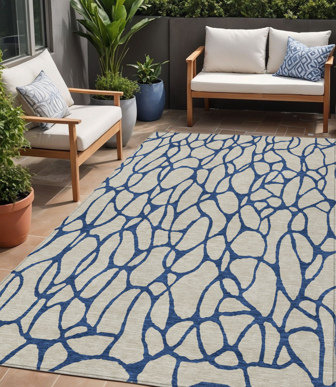 5' X 8' Beige And Blue Geometric Washable Indoor Outdoor Area Rug