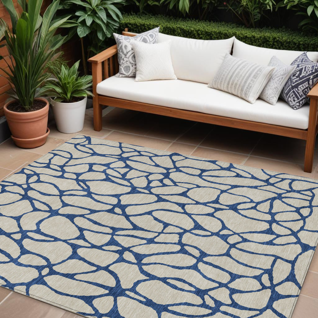 10' X 14' Beige And Blue Geometric Washable Indoor Outdoor Area Rug