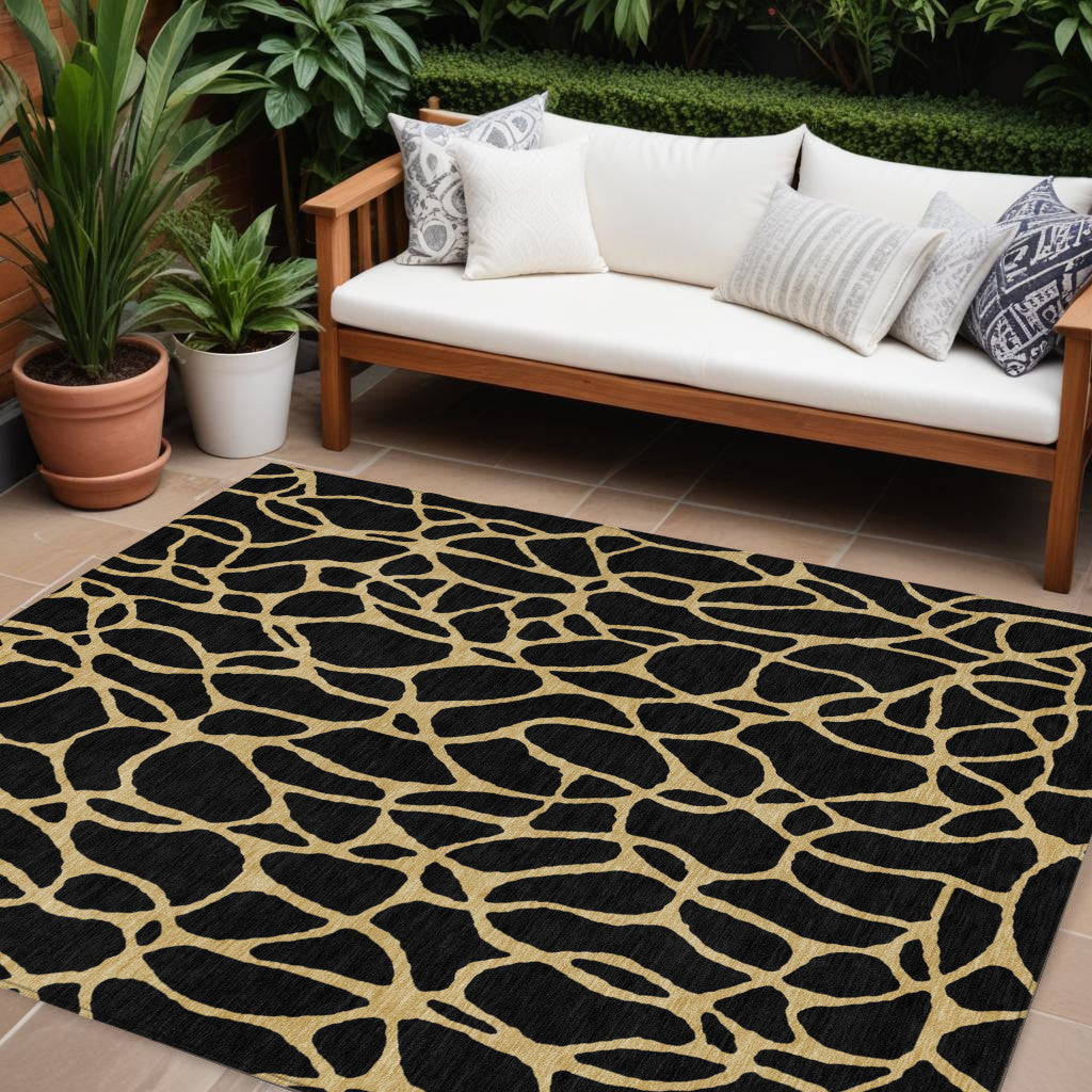 10' X 14' Black And Gold Geometric Washable Indoor Outdoor Area Rug