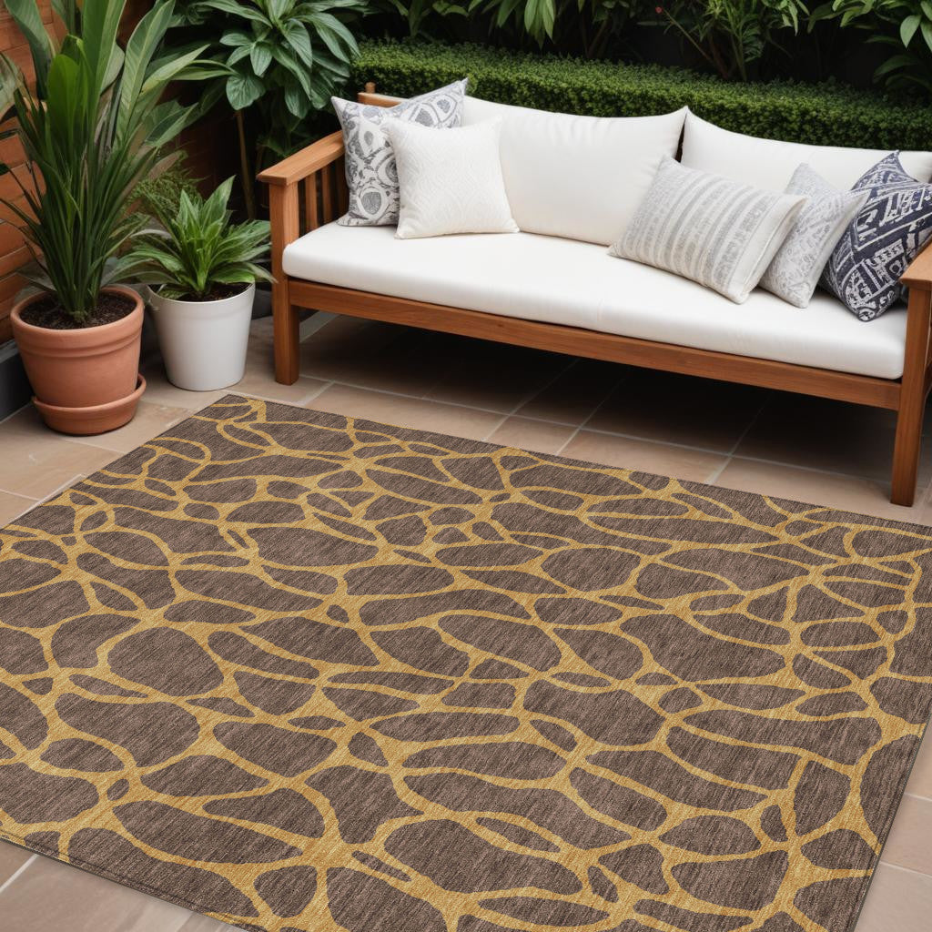 10' X 14' Brown And Gold Geometric Washable Indoor Outdoor Area Rug