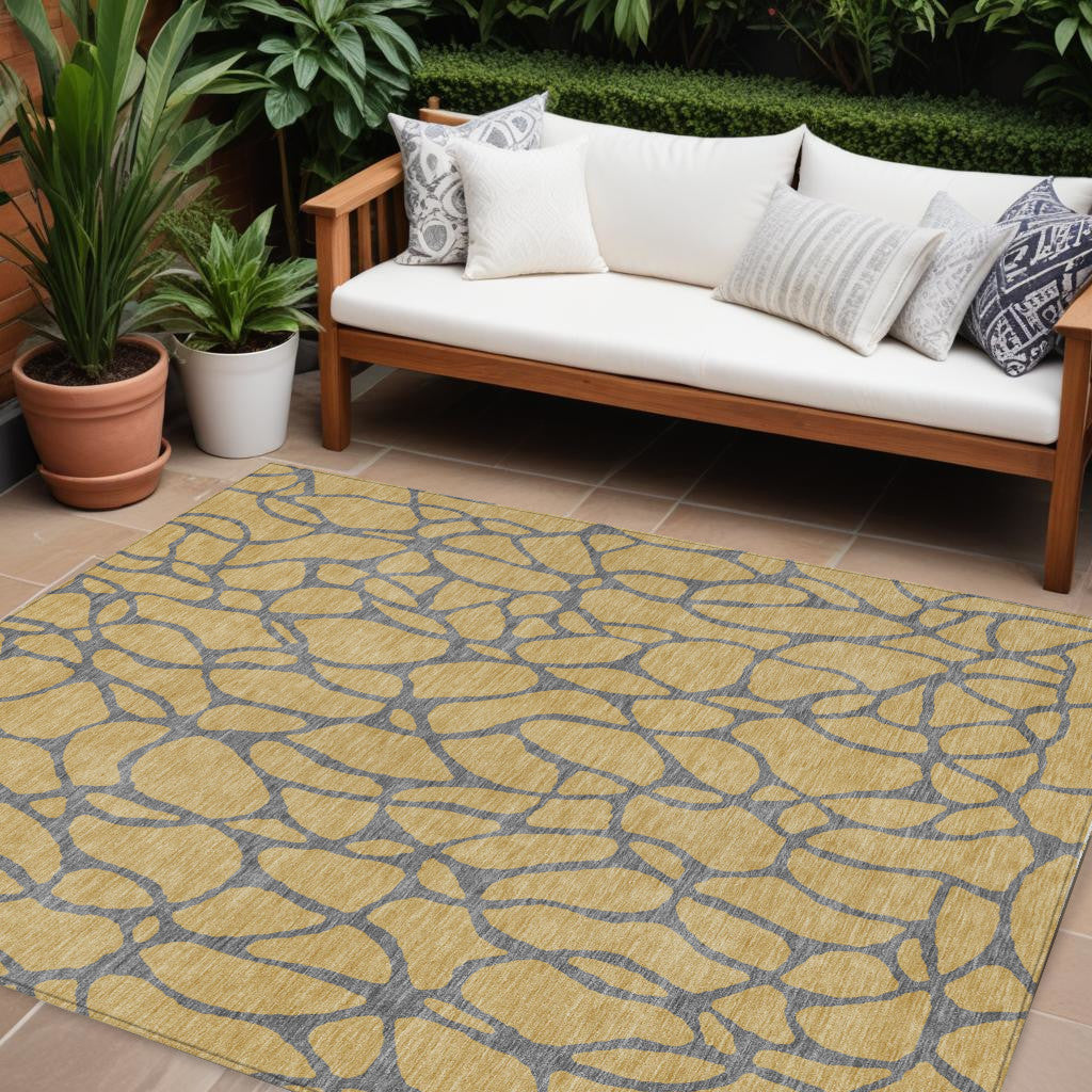 9' X 12' Gold And Gray Geometric Washable Indoor Outdoor Area Rug