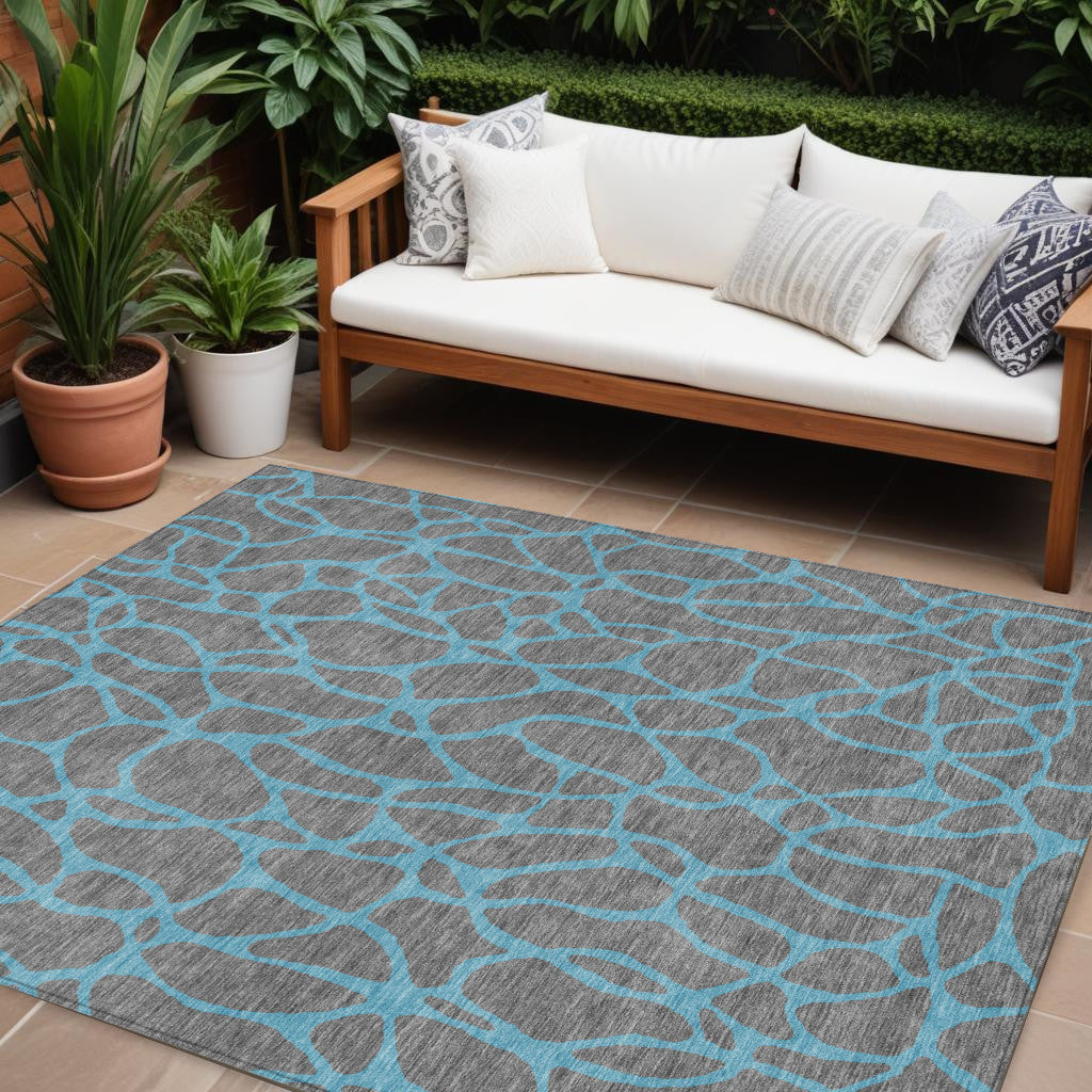 9' X 12' Gray And Teal Blue Geometric Washable Indoor Outdoor Area Rug