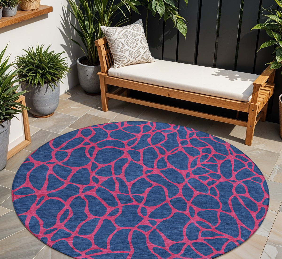 8' Navy Blue And Dark Pink Round Geometric Washable Indoor Outdoor Area Rug