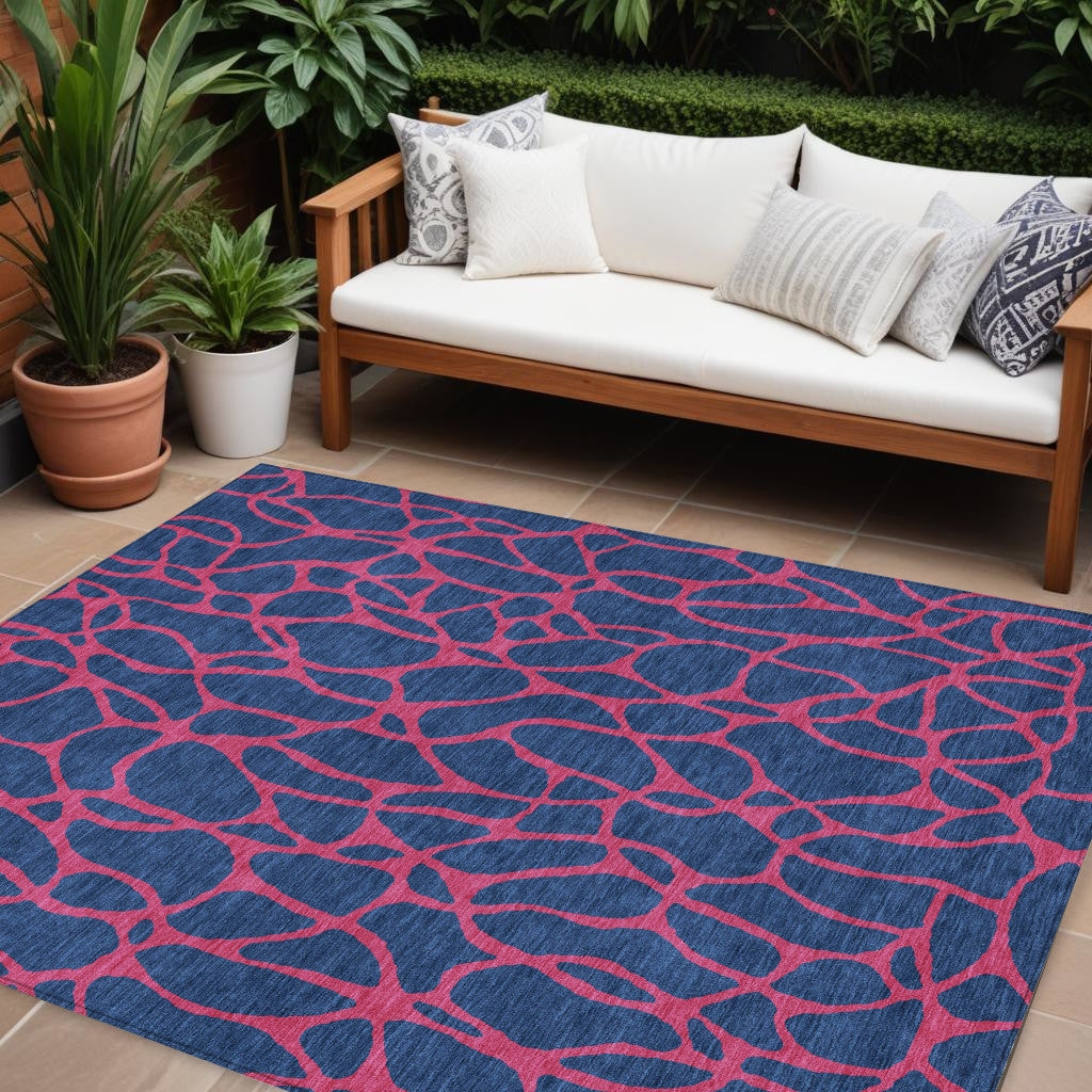 9' X 12' Navy Blue And Dark Pink Geometric Washable Indoor Outdoor Area Rug