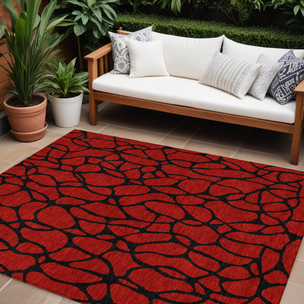 9' X 12' Red And Black Geometric Washable Indoor Outdoor Area Rug