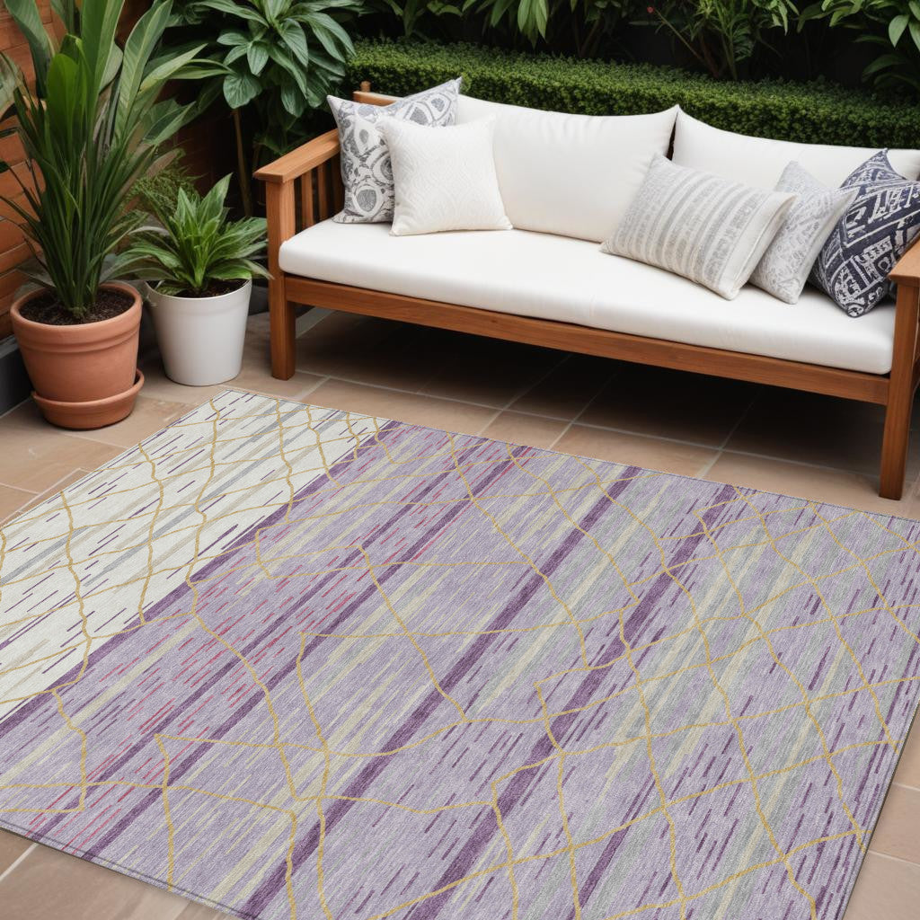 9' X 12' Purple Brown And Beige Striped Washable Indoor Outdoor Area Rug