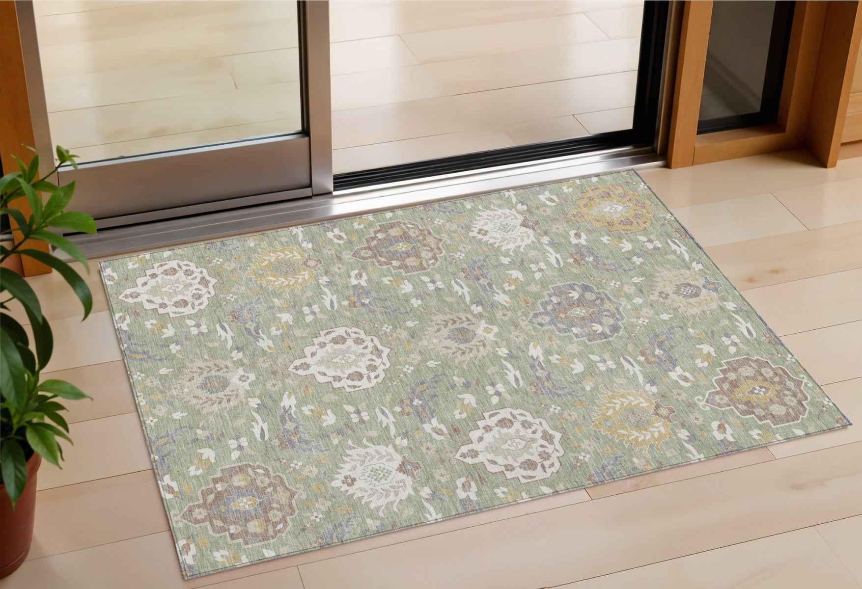 3' X 5' Artichoke Green Brown And Ivory Damask Washable Indoor Outdoor Area Rug