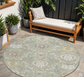 8' Artichoke Green Brown And Ivory Round Damask Washable Indoor Outdoor Area Rug