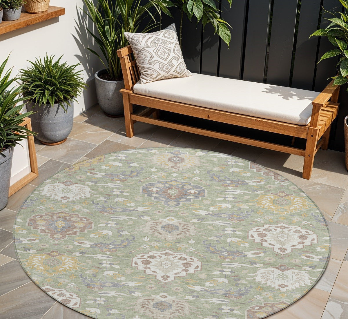 8' Artichoke Green Brown And Ivory Round Damask Washable Indoor Outdoor Area Rug