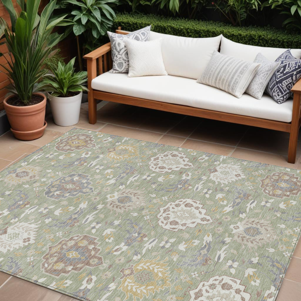 9' X 12' Artichoke Green Brown And Ivory Damask Washable Indoor Outdoor Area Rug
