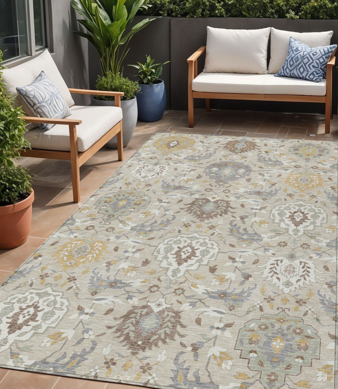 5' X 8' Beige Brown And Green Damask Washable Indoor Outdoor Area Rug
