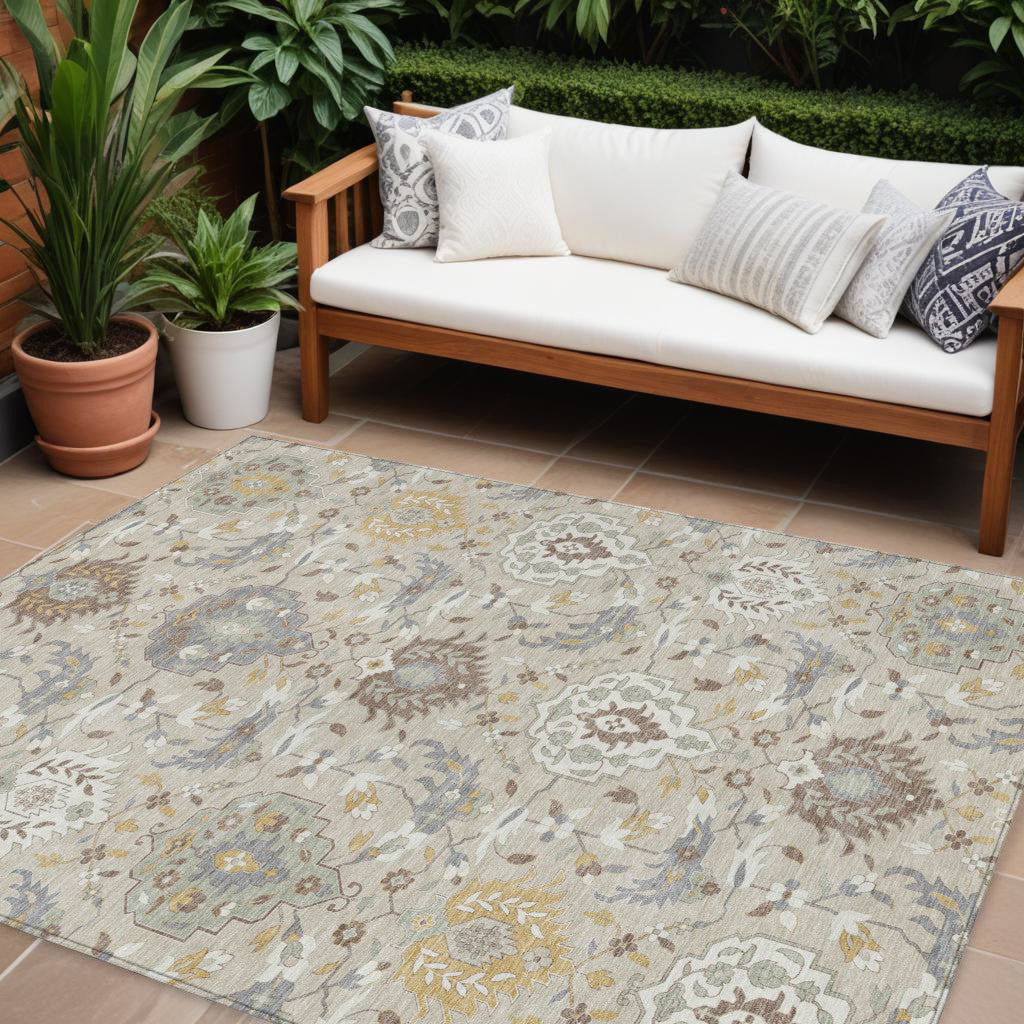 10' X 14' Beige Brown And Green Damask Washable Indoor Outdoor Area Rug