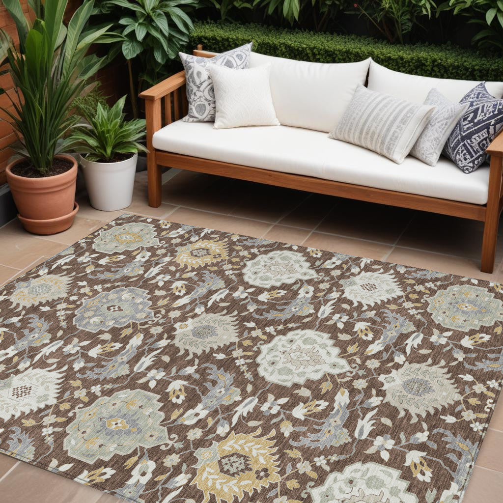 10' X 14' Brown Gray And Ivory Damask Washable Indoor Outdoor Area Rug