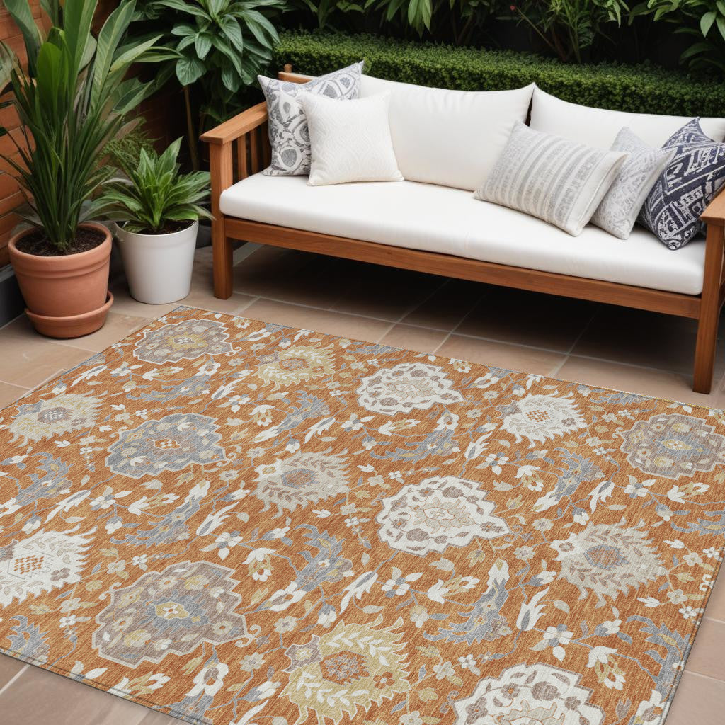 8' X 10' Copper Ivory And Gray Damask Washable Indoor Outdoor Area Rug