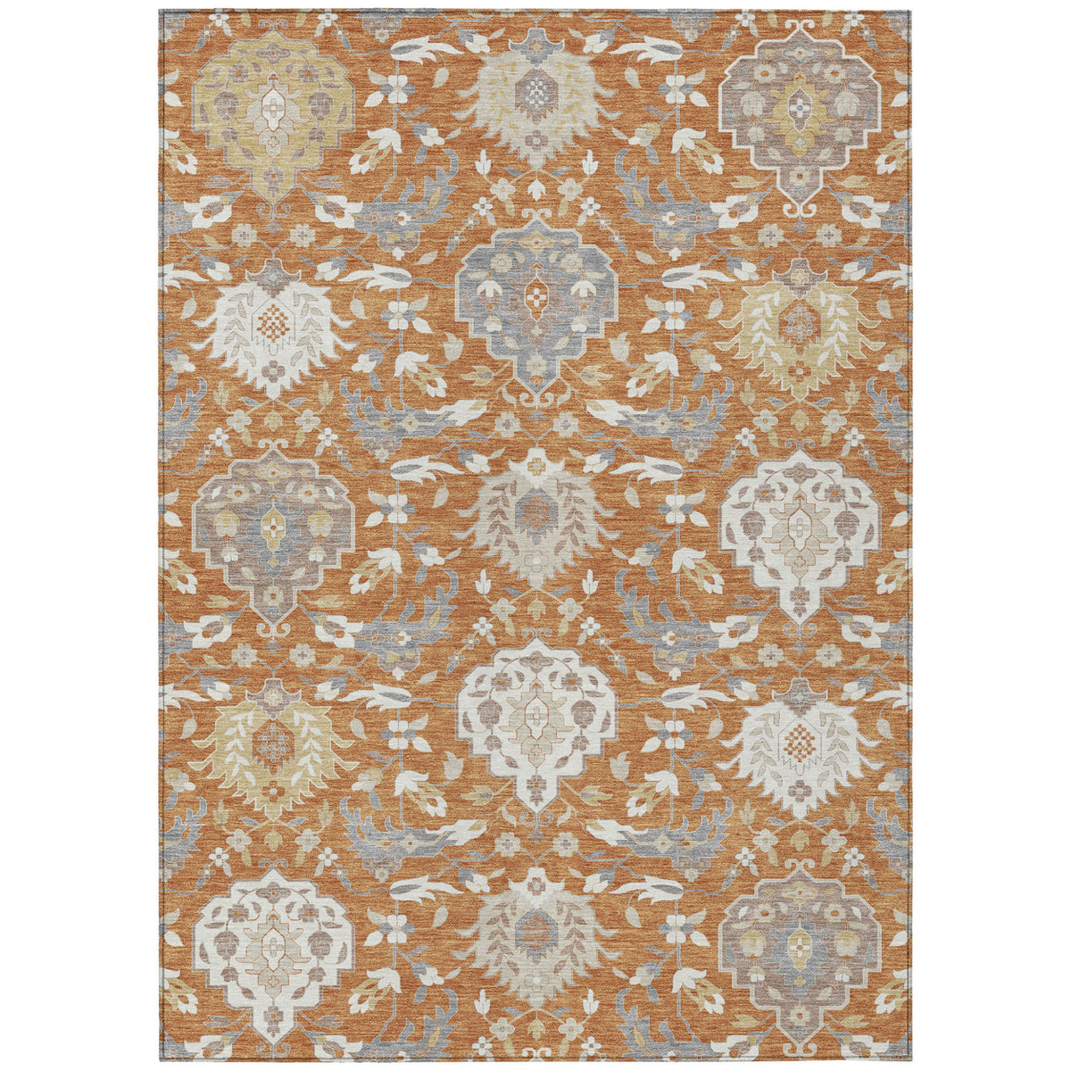 10' X 14' Copper Ivory And Gray Damask Washable Indoor Outdoor Area Rug