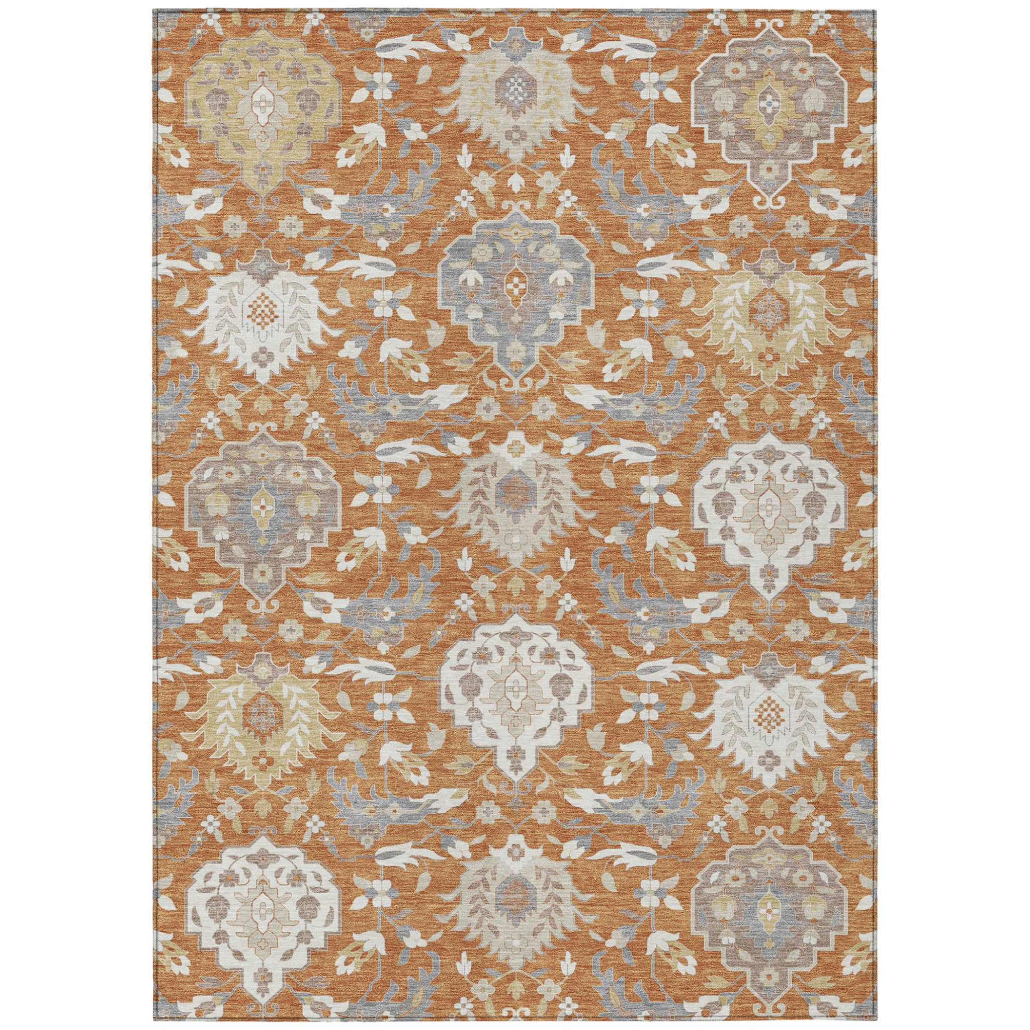 10' X 14' Copper Ivory And Gray Damask Washable Indoor Outdoor Area Rug
