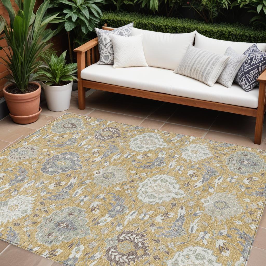 9' X 12' Gold Ivory And Gray Damask Washable Indoor Outdoor Area Rug